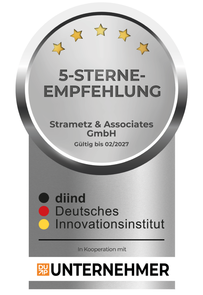 Siegel für 5 Sterne Empfehlung und höchste Kundenzufriedenheit für Angebote von Strametz & Associates
