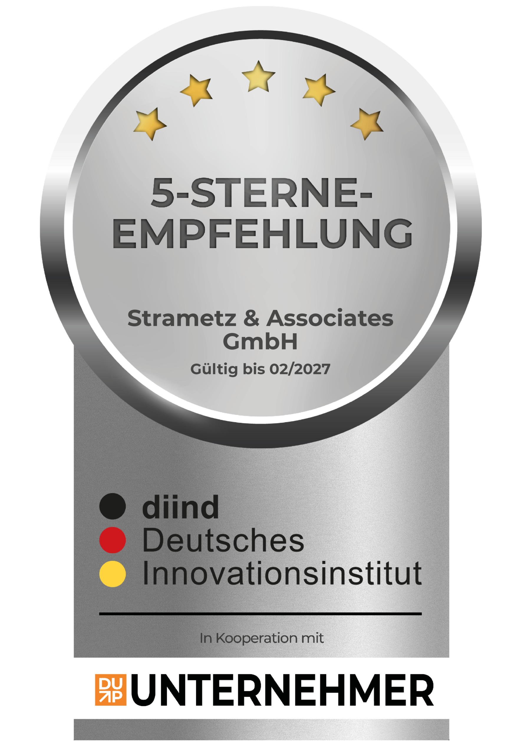 Siegel für 5 Sterne Empfehlung und höchste Kundenzufriedenheit für Angebote von Strametz & Associates